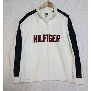 Tommy Hilfiger 1/4 Zip Pullover Sweater Spell Out Men's 2XL White Blue